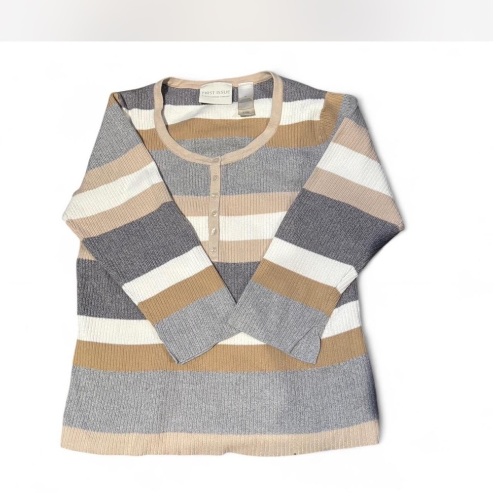 Liz Claiborne Gray and White Striped Crew Neck Sweater